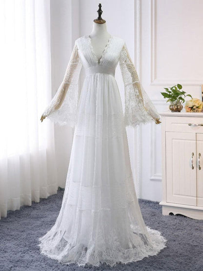 Boho Wedding Dresses A Line Deep V Neck Lace Chiffon Beach Bridal Gowns