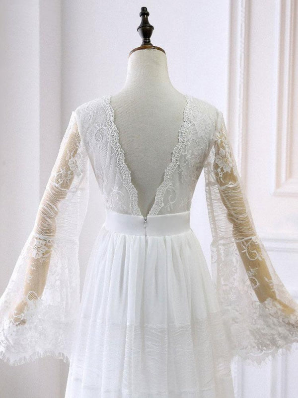 Boho Wedding Dresses A Line Deep V Neck Lace Chiffon Beach Bridal Gowns