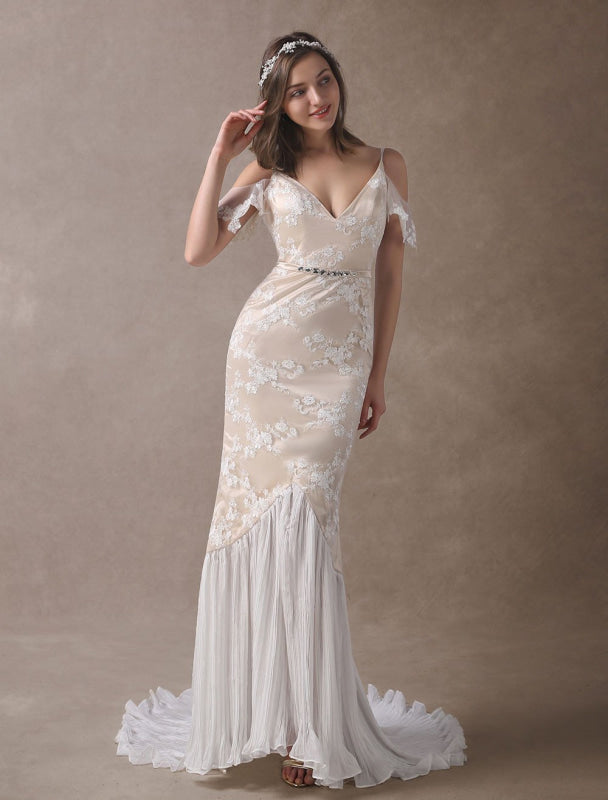 Boho Wedding Dresses Champagne Lace Beach Bridal Dress Mermaid V Neck Backless Beaded Summer Wedding Gowns Exclusive