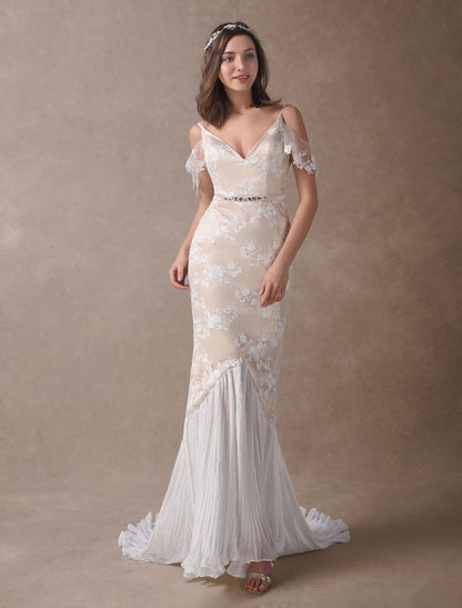 Boho Wedding Dresses Champagne Lace Beach Bridal Dress Mermaid V Neck Backless Beaded Summer Wedding Gowns Exclusive