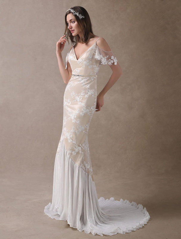 Boho Wedding Dresses Champagne Lace Beach Bridal Dress Mermaid V Neck Backless Beaded Summer Wedding Gowns Exclusive