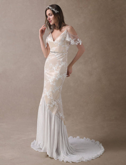 Boho Wedding Dresses Champagne Lace Beach Bridal Dress Mermaid V Neck Backless Beaded Summer Wedding Gowns Exclusive