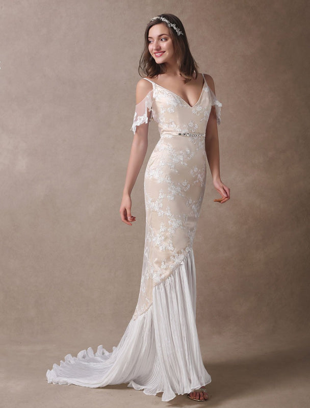 Boho Wedding Dresses Champagne Lace Beach Bridal Dress Mermaid V Neck Backless Beaded Summer Wedding Gowns Exclusive