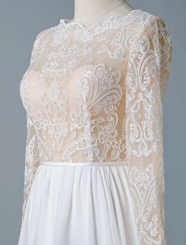 Jewel Neck Boho Wedding Dresses Long Sleeve A Line Chffion Beach Bridal Dress