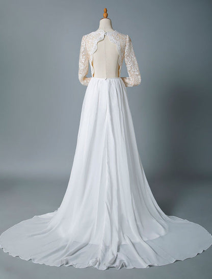 Jewel Neck Boho Wedding Dresses Long Sleeve A Line Chffion Beach Bridal Dress