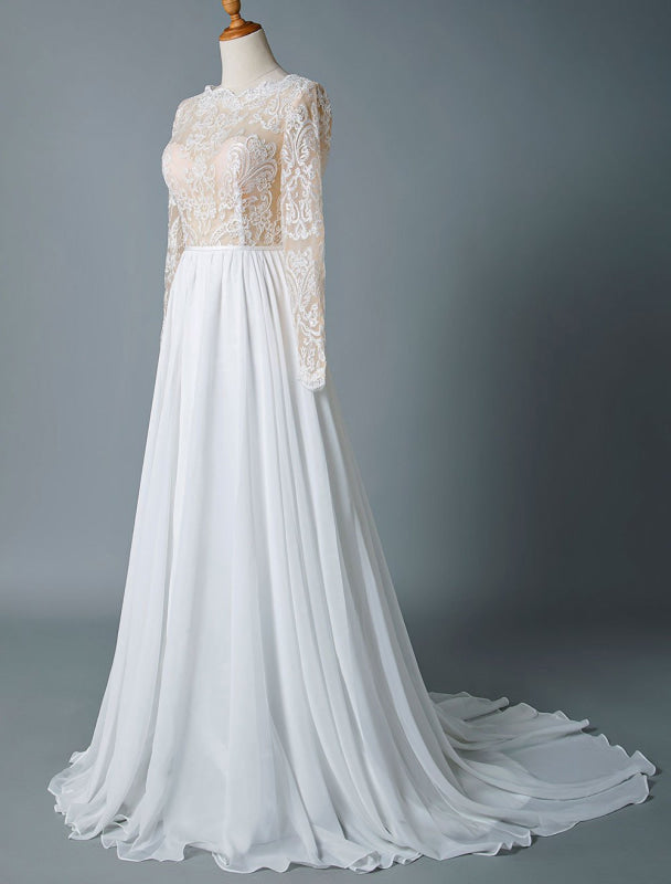 Jewel Neck Boho Wedding Dresses Long Sleeve A Line Chffion Beach Bridal Dress