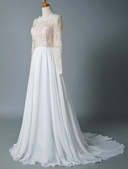 Jewel Neck Boho Wedding Dresses Long Sleeve A Line Chffion Beach Bridal Dress