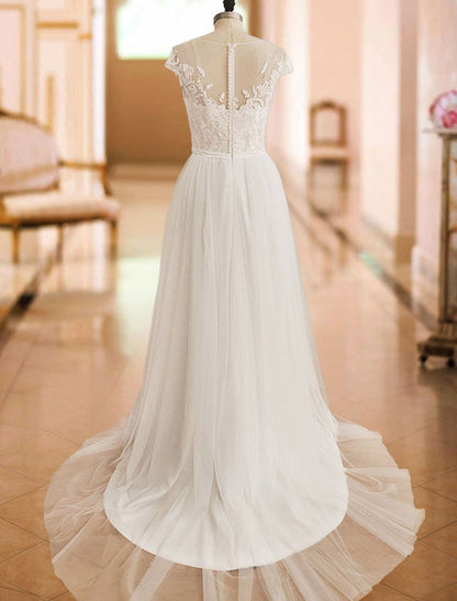 Off The Shoulder Boho Wedding Dresses Lace Short Sleeve Split Front Bridal Dress With Train
