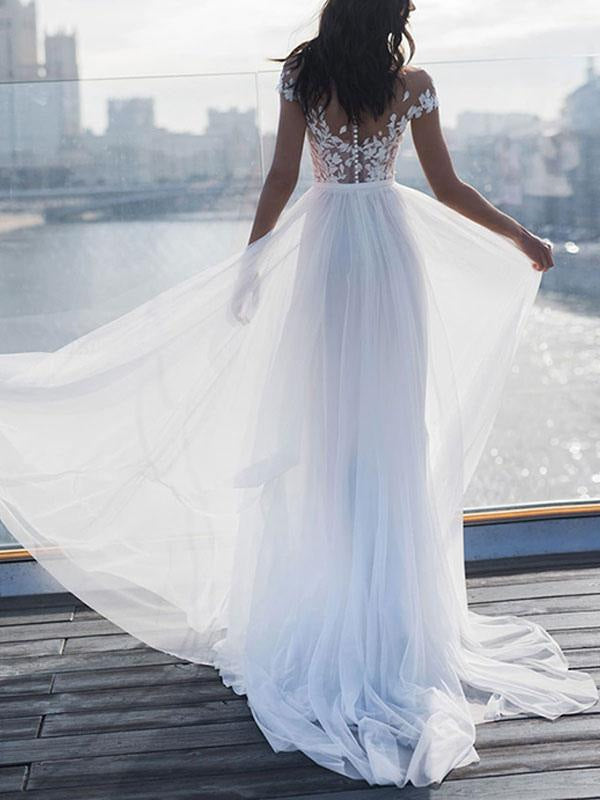 Off The Shoulder Boho Wedding Dresses Lace Short Sleeve Split Front Bridal Dress With Train
