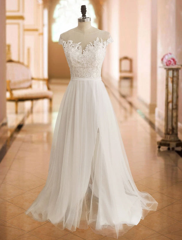 Off The Shoulder Boho Wedding Dresses Lace Short Sleeve Split Front Bridal Dress With Train