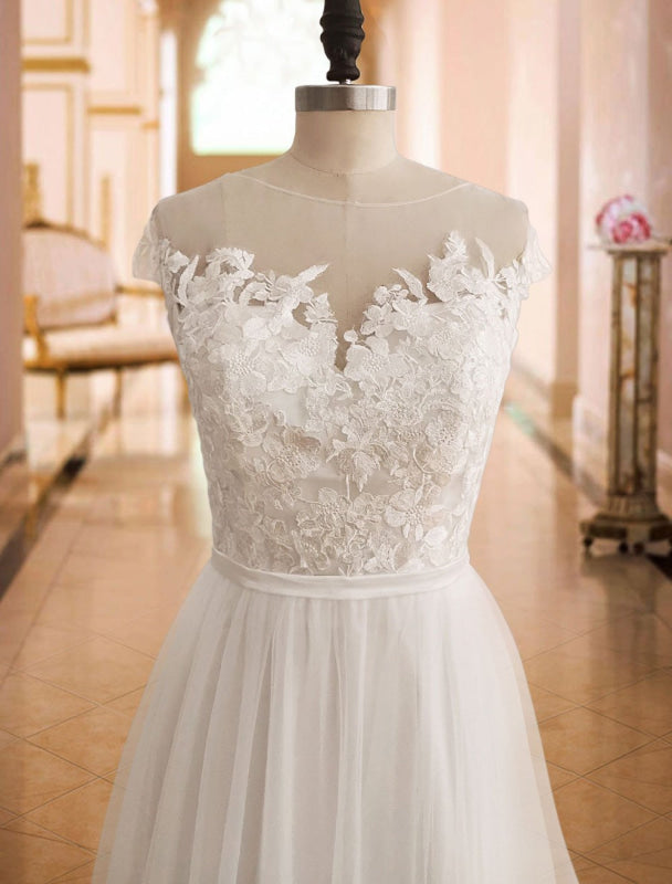 Off The Shoulder Boho Wedding Dresses Lace Short Sleeve Split Front Bridal Dress With Train
