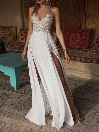 Bohemian Lace Wedding Dress V-Neck Beaded Backless Beach Bridal Gown with Double Slits