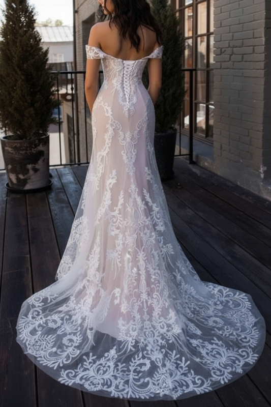 Boho Wedding Dresses Mermaid Off The Shoulder Lace Short Sleeve Bridal Gown With Sweep Train
