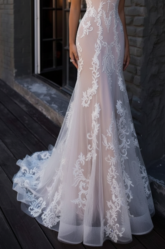 Boho Wedding Dresses Mermaid Off The Shoulder Lace Short Sleeve Bridal Gown With Sweep Train