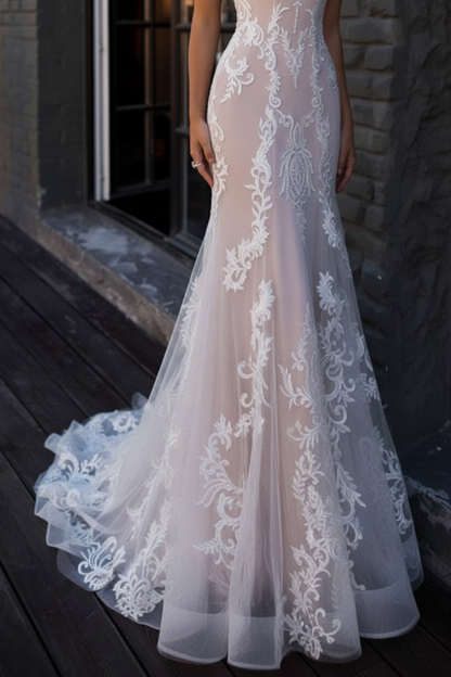 Boho Wedding Dresses Mermaid Off The Shoulder Lace Short Sleeve Bridal Gown With Sweep Train