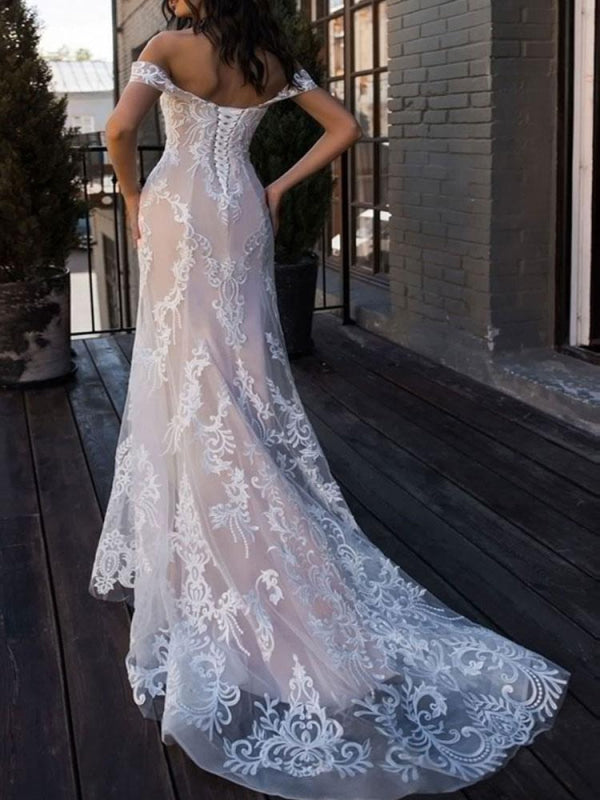 Boho Wedding Dresses Mermaid Off The Shoulder Lace Short Sleeve Bridal Gown With Sweep Train