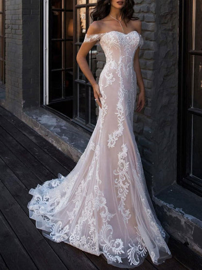 Boho Wedding Dresses Mermaid Off The Shoulder Lace Short Sleeve Bridal Gown With Sweep Train