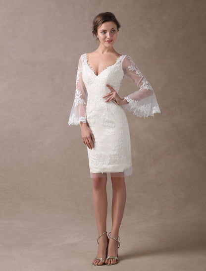 Boho Wedding Dresses Short Sheath Beach Bridal Dress Lace Applique V Neck Knee Length Summer Wedding Gowns