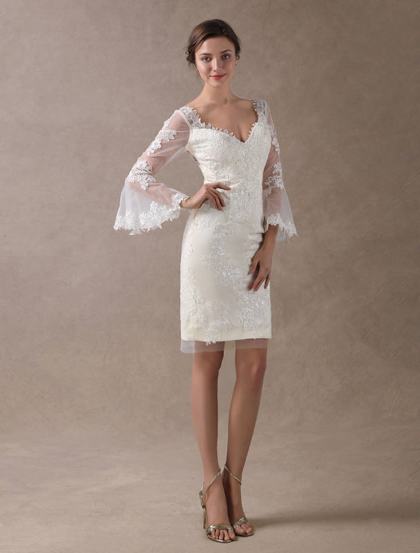 Boho Wedding Dresses Short Sheath Beach Bridal Dress Lace Applique V Neck Knee Length Summer Wedding Gowns
