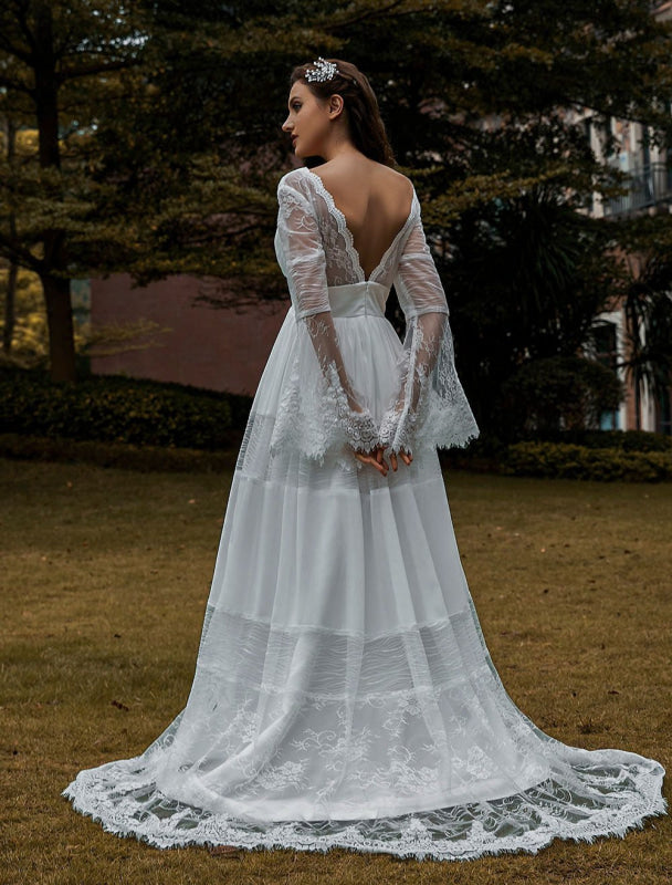 Bridal Gowns Boho Wedding Dress Long Sleeves Lace V-Neck Lace Chiffon Wedding Gowns