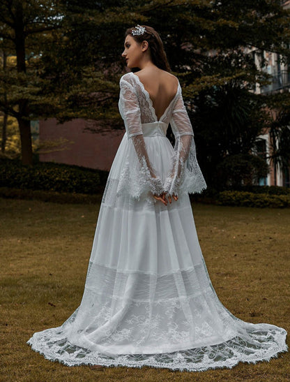 Bridal Gowns Boho Wedding Dress Long Sleeves Lace V-Neck Lace Chiffon Wedding Gowns