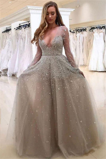 Bridelily A-line Long Sleeves V-neck Floor-length Tulle Pearls Prom Dresses