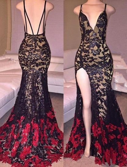 Bridelily Black Red Lace Spaghettis-Straps Side-Slit Mermaid Prom Dresses