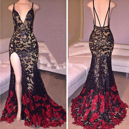 Bridelily Black Red Lace Spaghettis-Straps Side-Slit Mermaid Prom Dresses