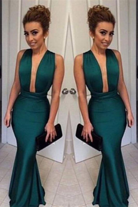 Bridelily Dark Green Mermaid Prom Dresses Deep V Neck Satin Evening Gowns