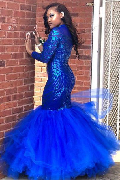 Bridelily Royal-Blue Mermaid Prom Dress | Long Sleeve Sequins Party Gowns