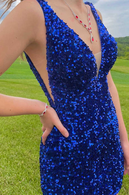 Purple Sequins Plunge Mini Homecoming Dress