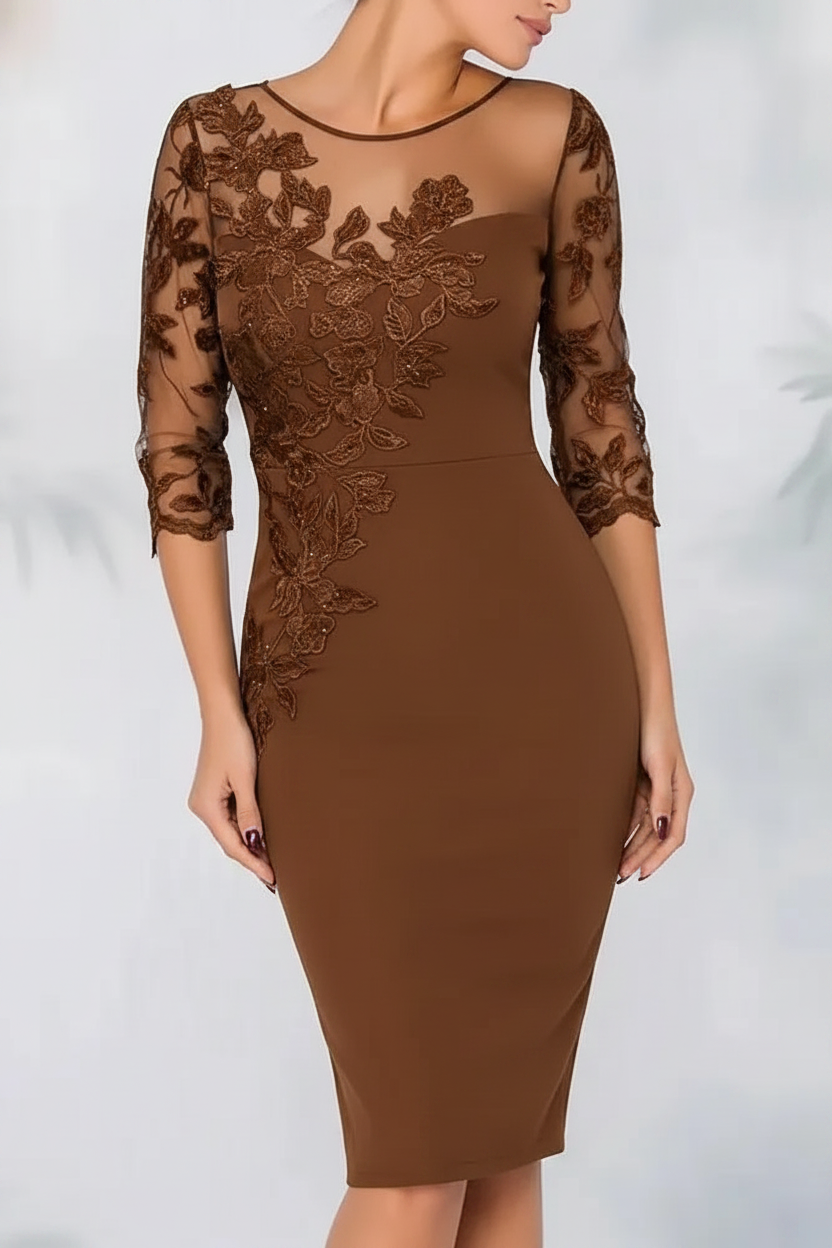 Jewel Neck Column Floral Lace Mother of the bride Dresses Half Sleeves
