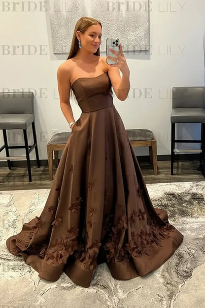 Strapless Light Blue Satin Prom Dresses 3D Flowers A-line Evening Dresses with Pocket