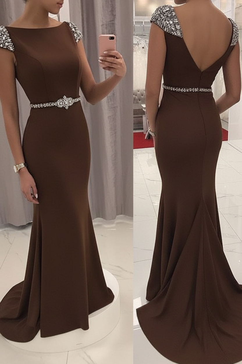 Navy Blue Sequined Fitted Cap Sleeve Mermaid Prom Dress Formal Gown