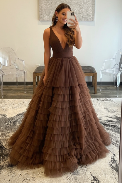 V Neck Layered Tulle Long Prom Dresses Orange Aline Formal Evening Dresses
