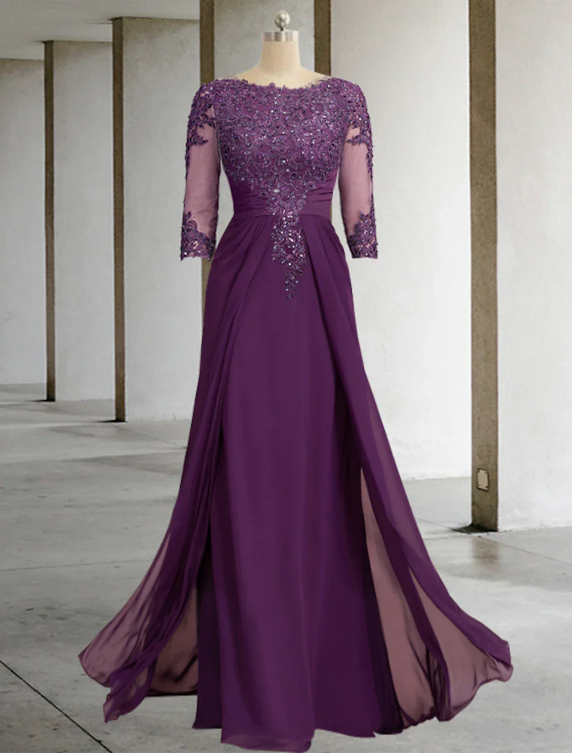Sheath / Column Mother of the Bride Dress With Overskirts Formal Wedding Guest Elegant Sequin Scoop Neck Floor Length Chiffon Lace 3/4 Sleeve with Appliques Sparkle & Shine