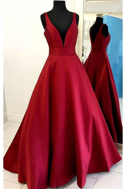 Burgundy Deep V Neck Satin Long Prom Dress Floor Length Formal Evening Gown