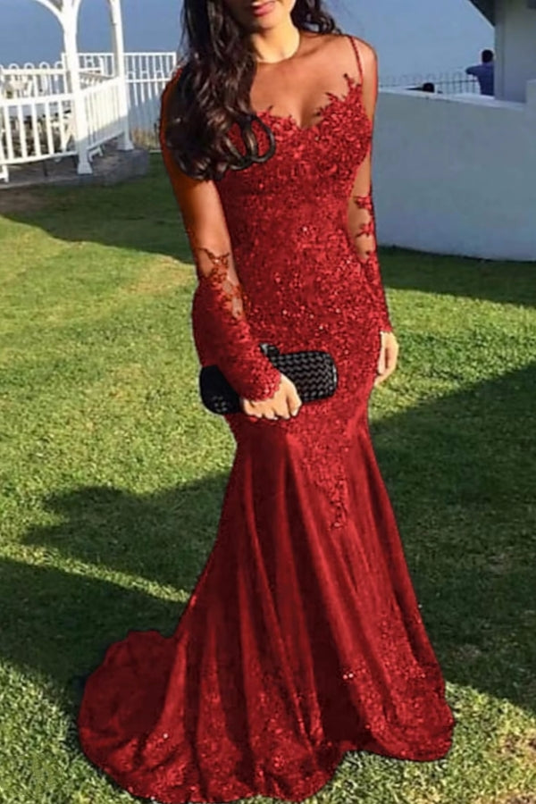 Long Sleeves Sweep/Brush Train Black Prom Dresses With Lace Appliques