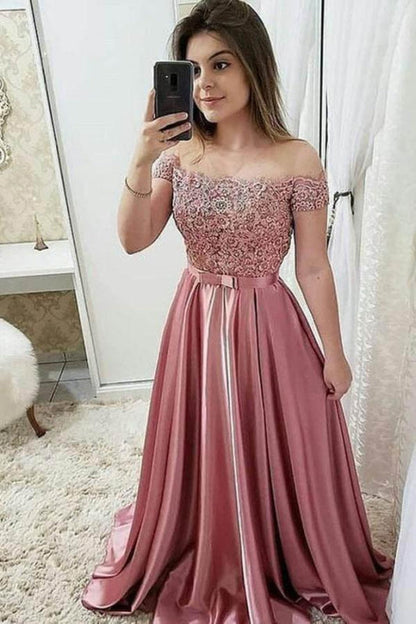 Burgundy Off Shoulder Satin Prom Dress with Lace A Line Formal Dresses