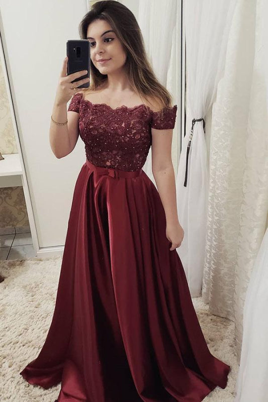 Burgundy Off Shoulder Satin Prom Dress with Lace A Line Formal Dresses
