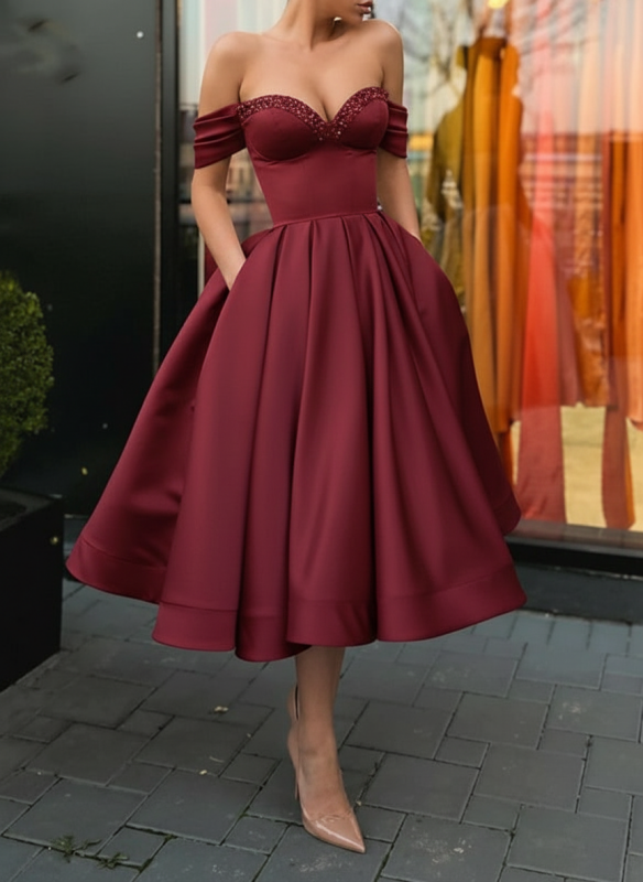 Off Shoulder Satin Tea Length Prom Dresses Sequins Pink Formal Graduation Evening Dresses