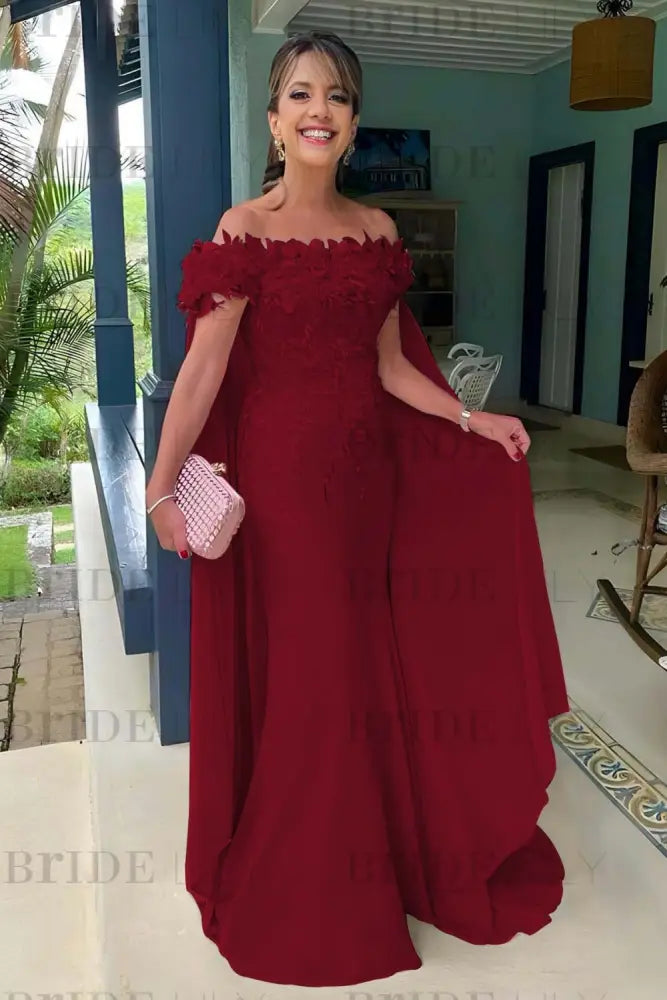 Off-The-Shoulder Mermaid Chiffon Wedding Guest Dresses Long with Appliques