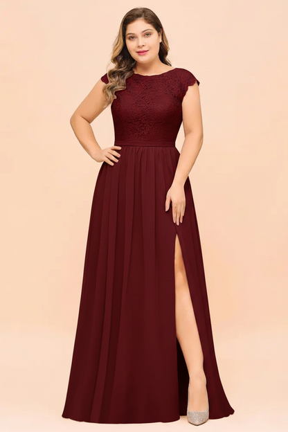 Plus Size Bridesmaid Dress Lace with Split Cap Sleeves Chiffon Wedding Guest Dress