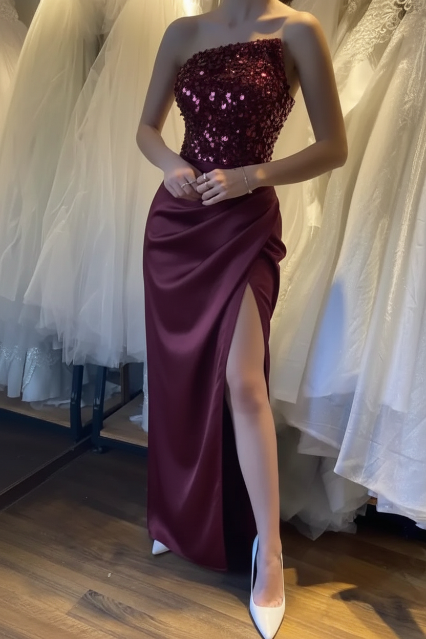 Glamorous Satin Black Prom Dress with Sequins Sleeveless High Slit Evening Dress