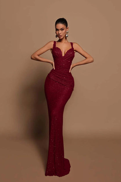 Glamorous Pink Sequin Mermaid Prom Dress Sleeveless with V-Neck