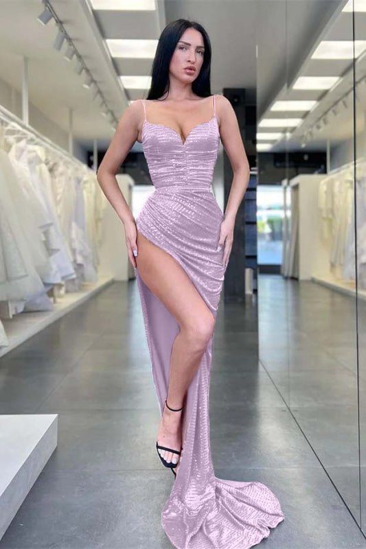 Burgundy Spaghetti Straps Sequins Mermaid Evening Dress Sleeveless With Split