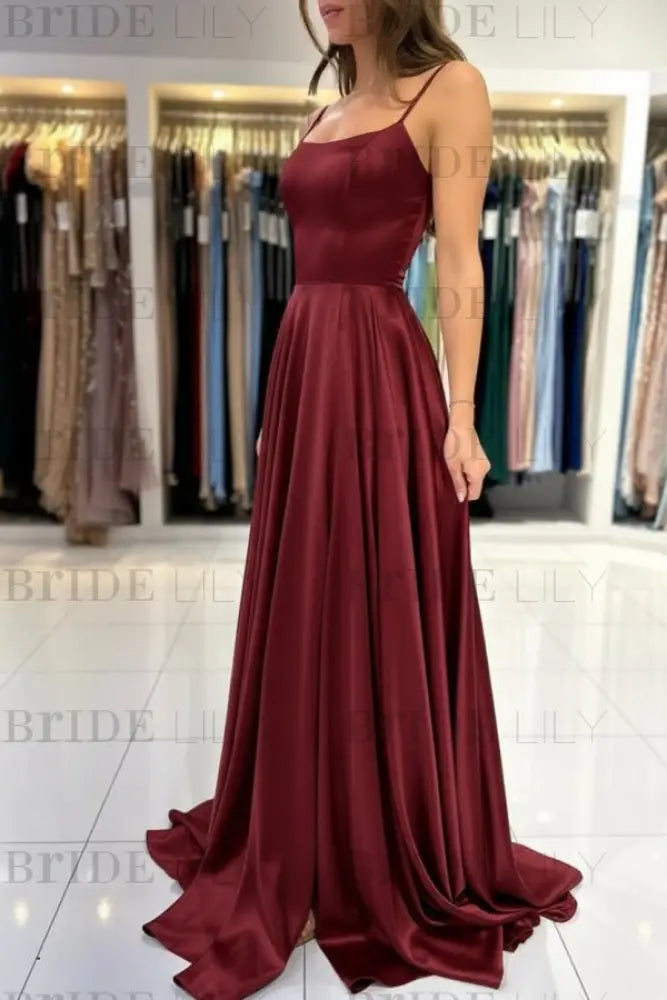 Spaghetti Straps Simple Satin Long Prom Dress with Slit