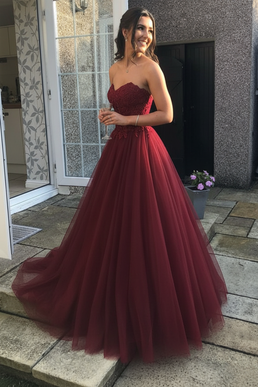 Sweetheart Open Back Pink Lace Long Prom Dresses Tulle Aline Formal Evening Dresses