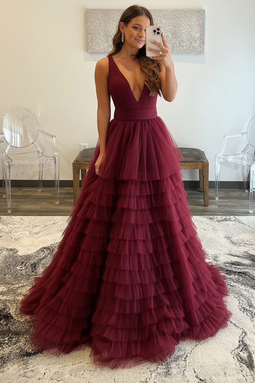 V Neck Layered Tulle Long Prom Dresses Orange Aline Formal Evening Dresses