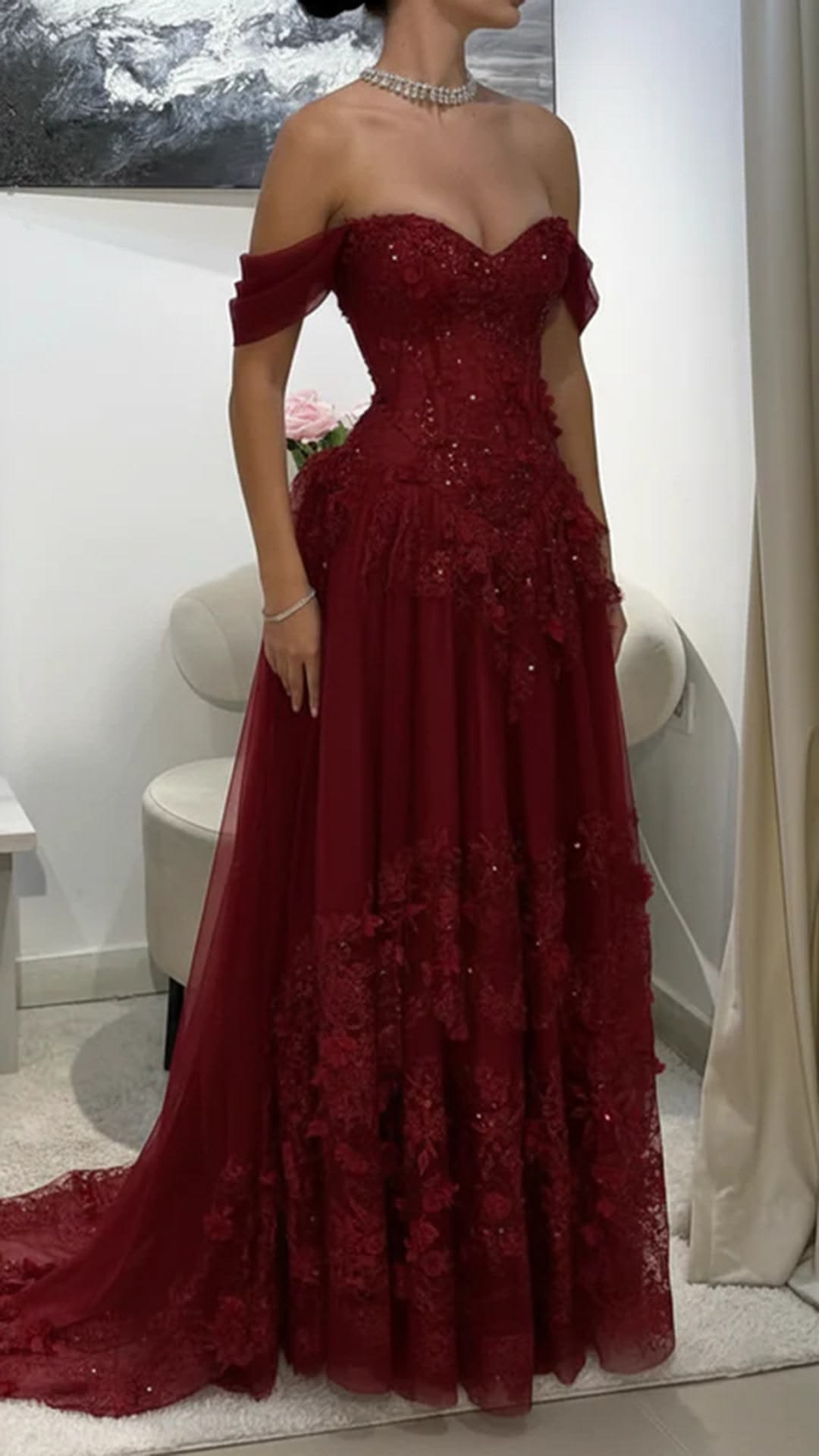 Burgundy Off-the-Shoulder Tulle Formal Evening Dress Lace Applique Prom Dresses